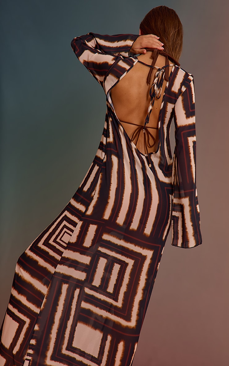 Brown Geometric Chiffon Ring Detail Beach Dress image 4