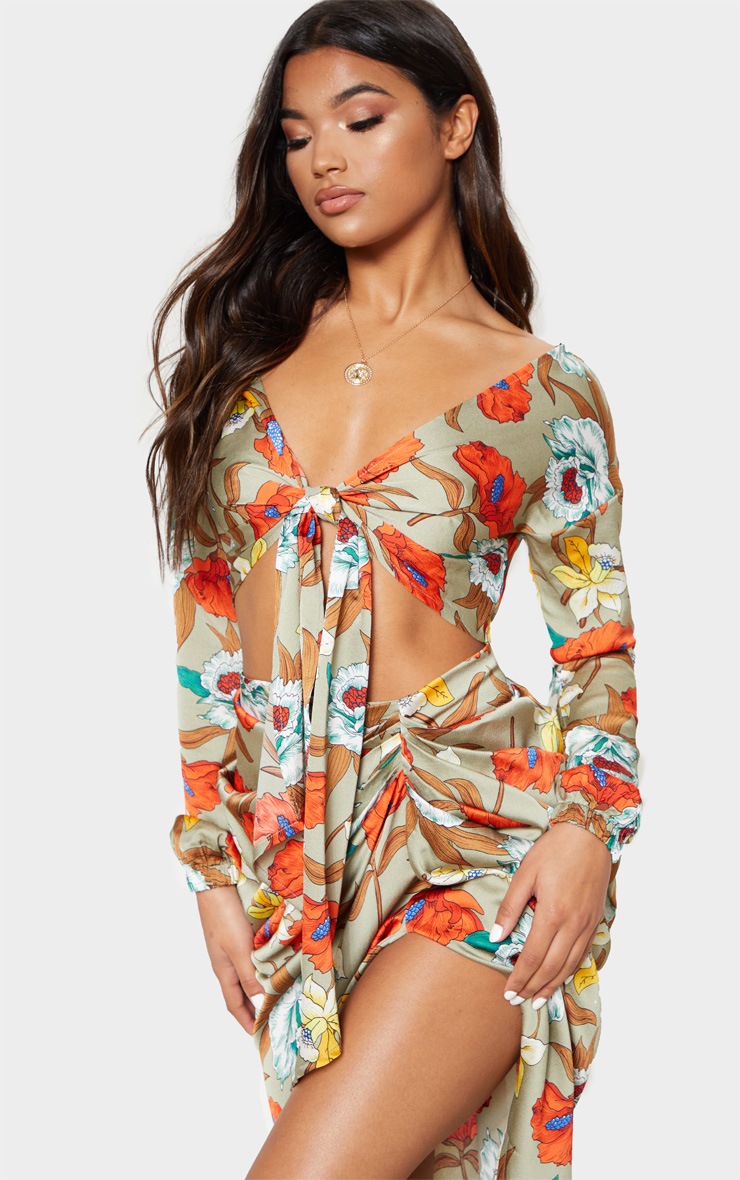 Green Satin Floral Print Tie Front Shirt