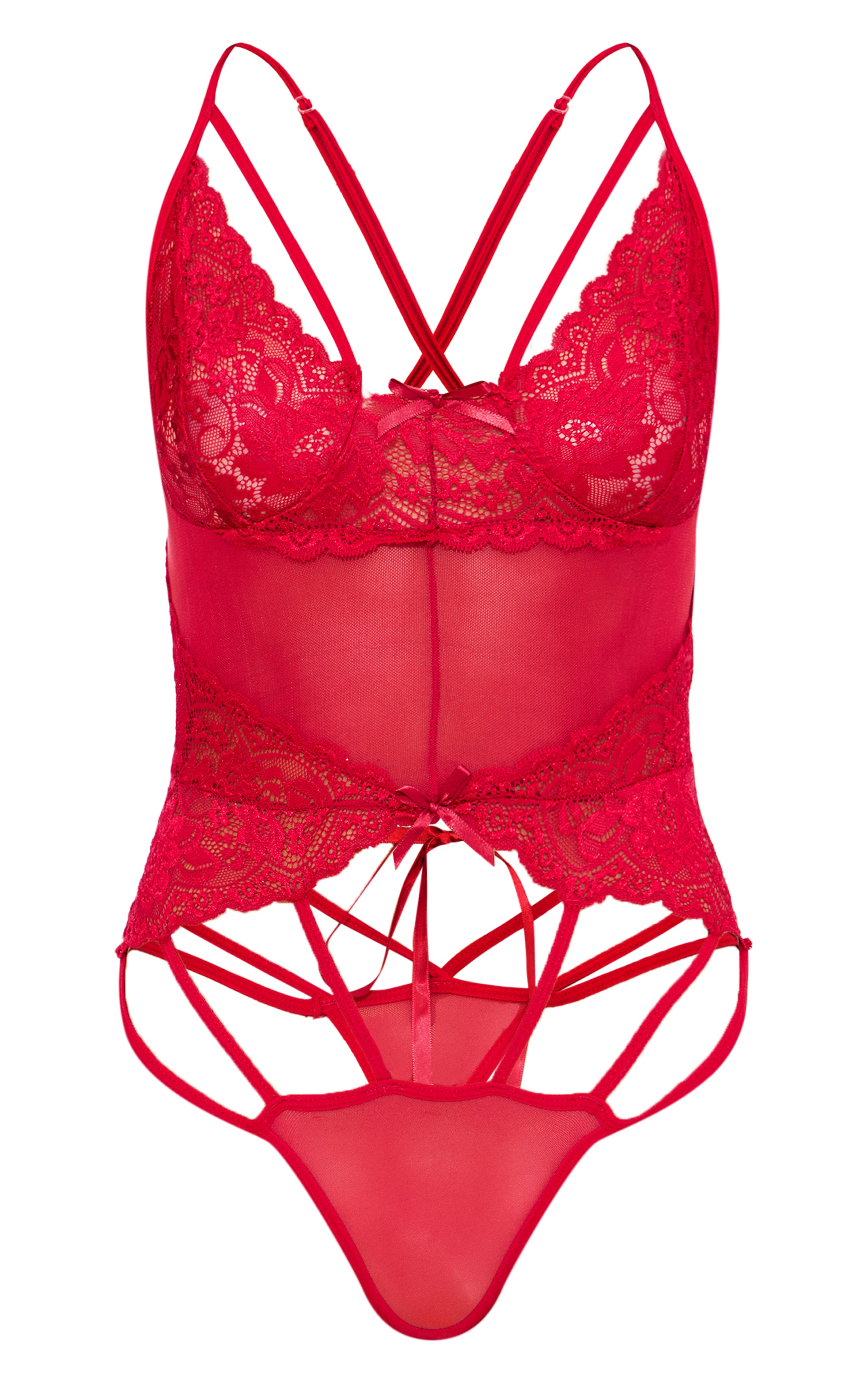 Red Strapping Detail Lace Bodysuit image 5