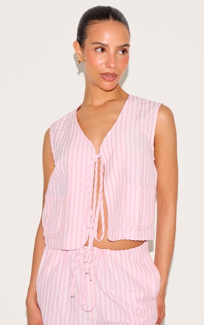 Petite Pink Striped Woven Tie Front Longline Waistcoat