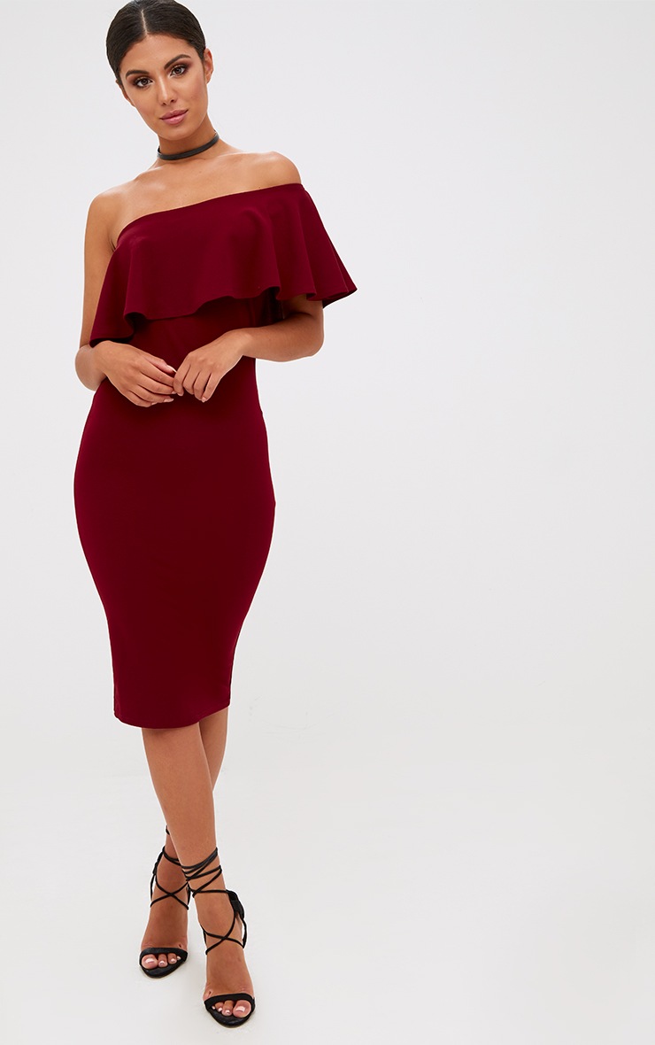 Burgundy One Shoulder Frill Sleeve Midi Dress | PrettyLittleThing