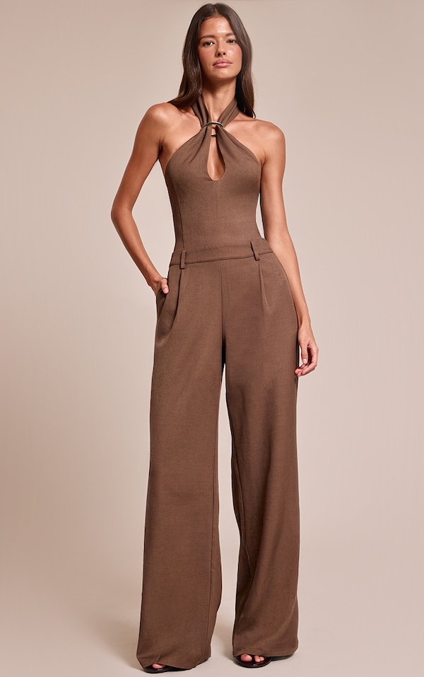 Chocolate Woven Halterneck Trim Wide Leg Jumpsuit