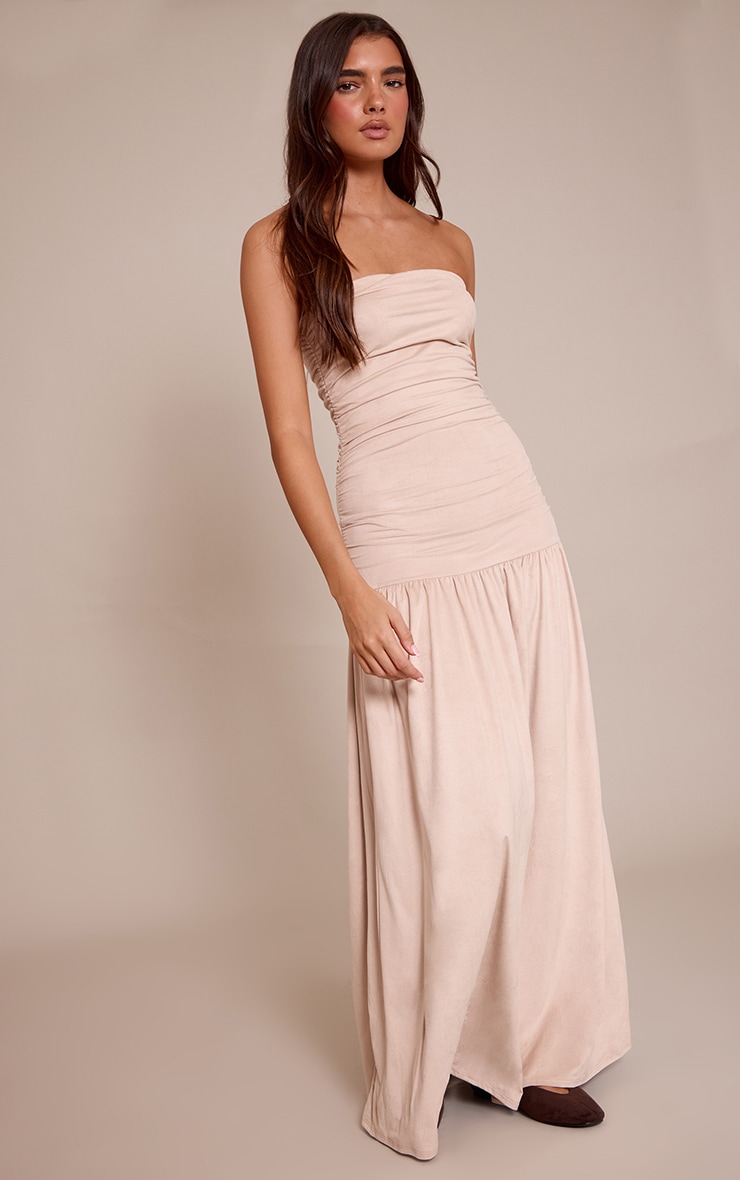 Taupe Faux Suede Bandeau Dropped Waist Maxi Dress image 3