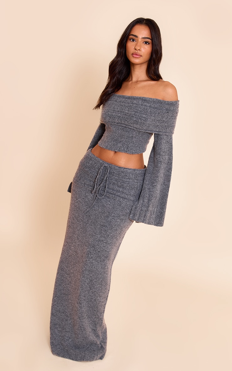 Petite Charcoal Rib Soft Knit Bardot Top image 3