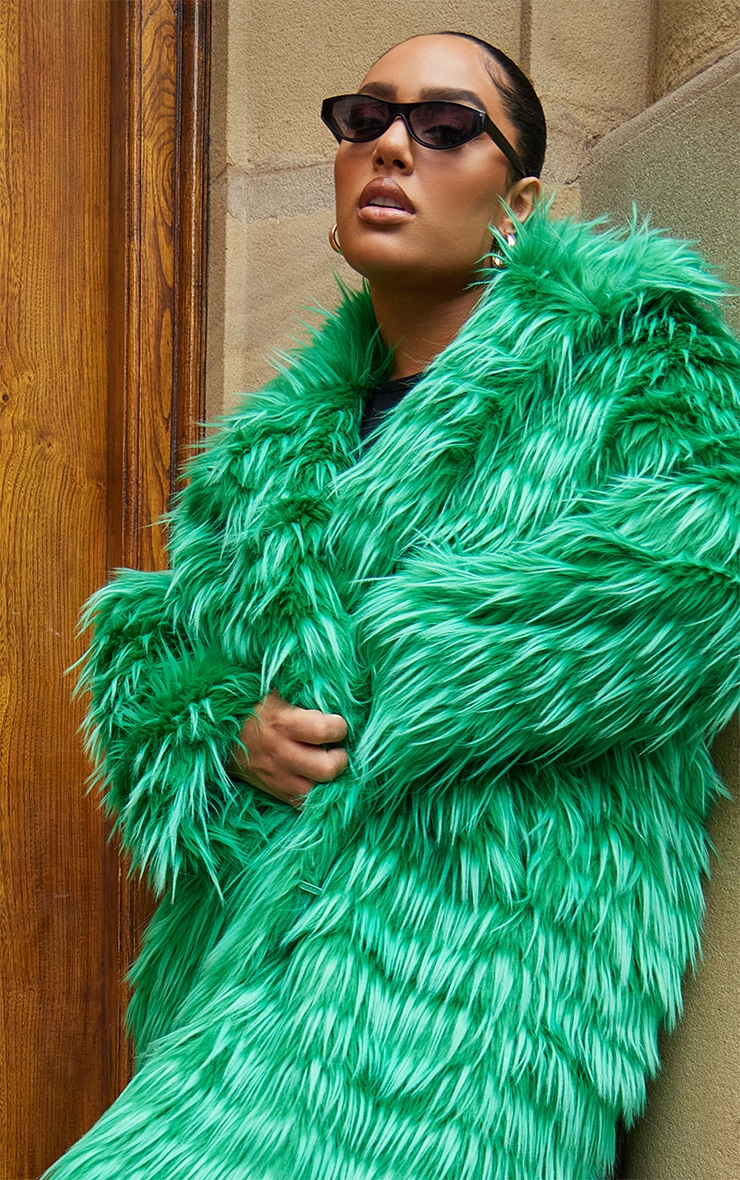 Plus Bright Green Ombre Look Shaggy Faux Fur Longline Coat image 1