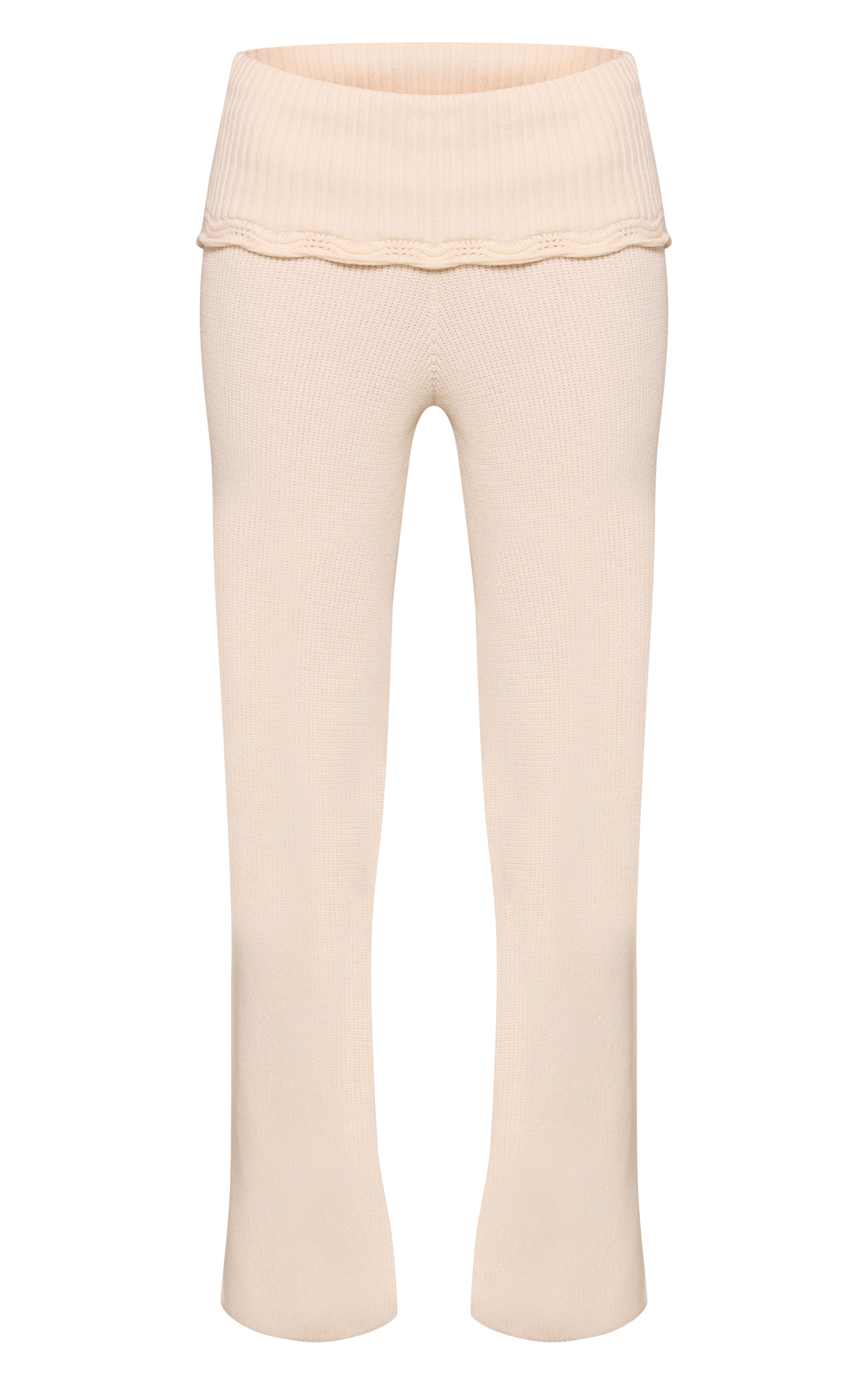 Cream Crochet Hem Foldover Waistband Knitted Wide Leg Pants  image 5