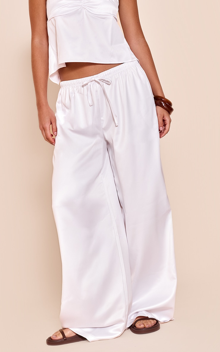 Cream Satin Mid Rise Drawstring Wide Leg Pants image 2