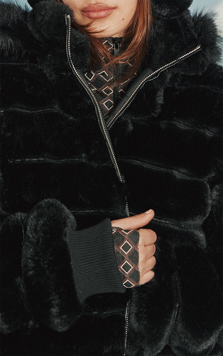 Black Panelled Faux Fur Coat image 4
