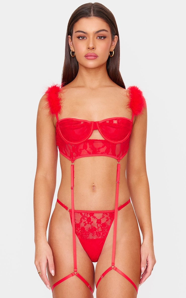 Red Lace Feather Trim Balconette Lingerie Set image 1