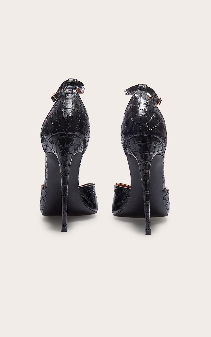 PLT Label Black Croc Faux Leather Point Toe High Heeled Court Shoes image 3