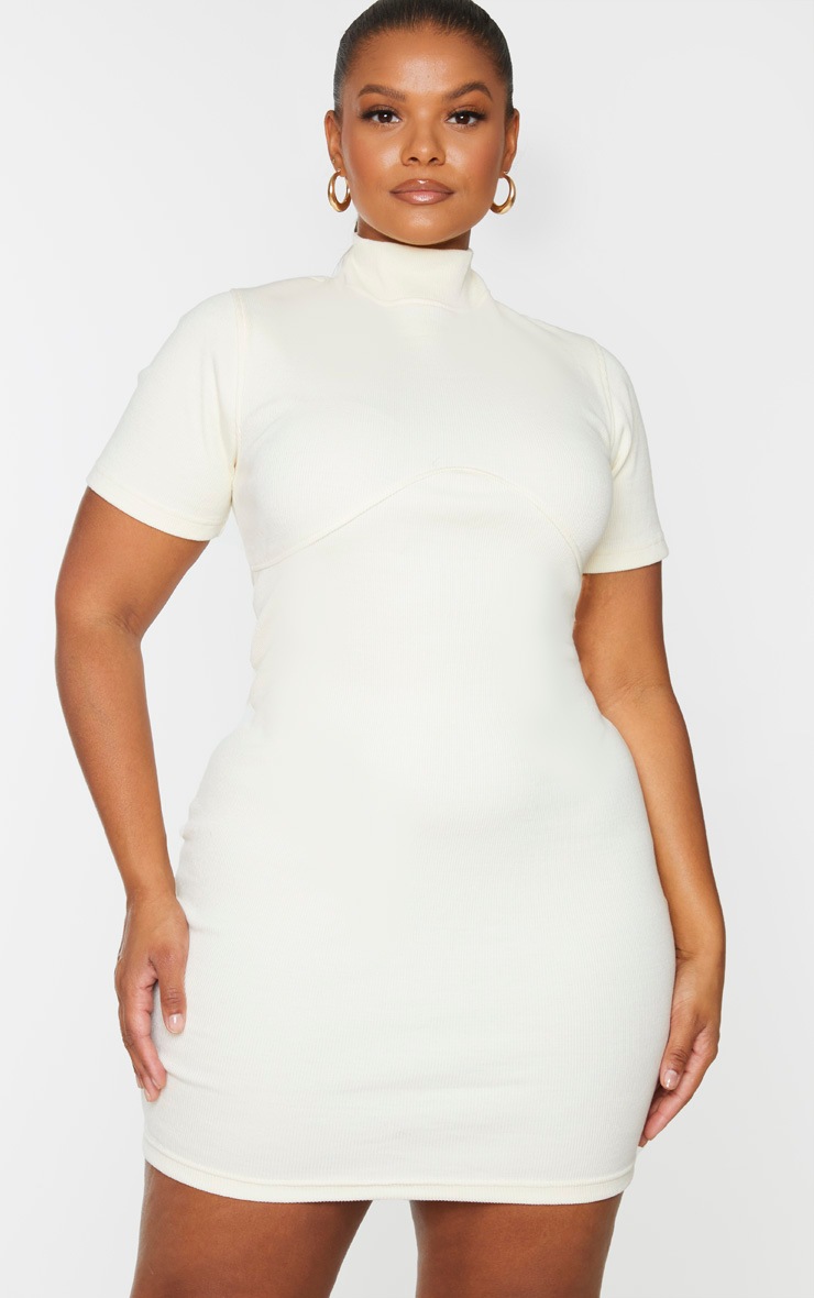 Plus Cream Thick Rib Bust Detail Bodycon Dress