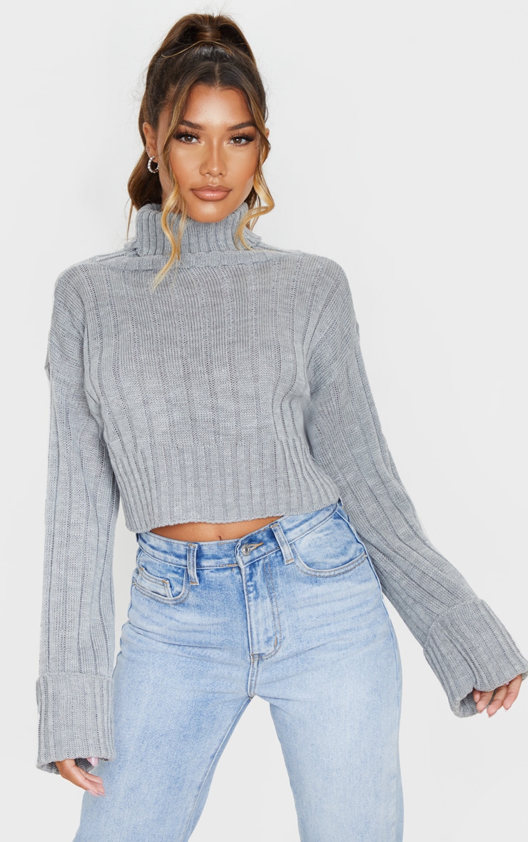 Grey Knitted Rib Cropped Jumper | Knitwear | PrettyLittleThing