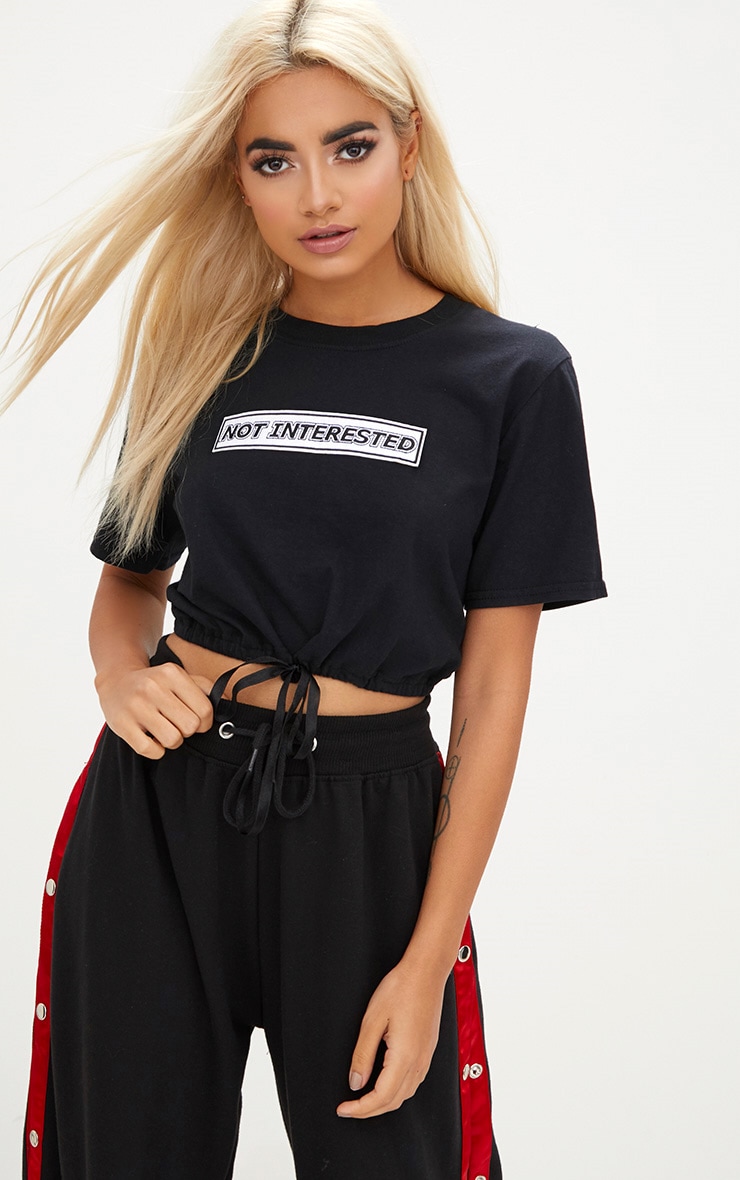 Black Not Interested Slogan Crop Drawstring T-Shirt image 1