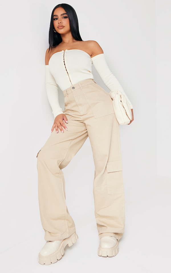 Petite Oatmeal Cargo Pocket Baggy Wide Leg Jeans PrettyLittleThing