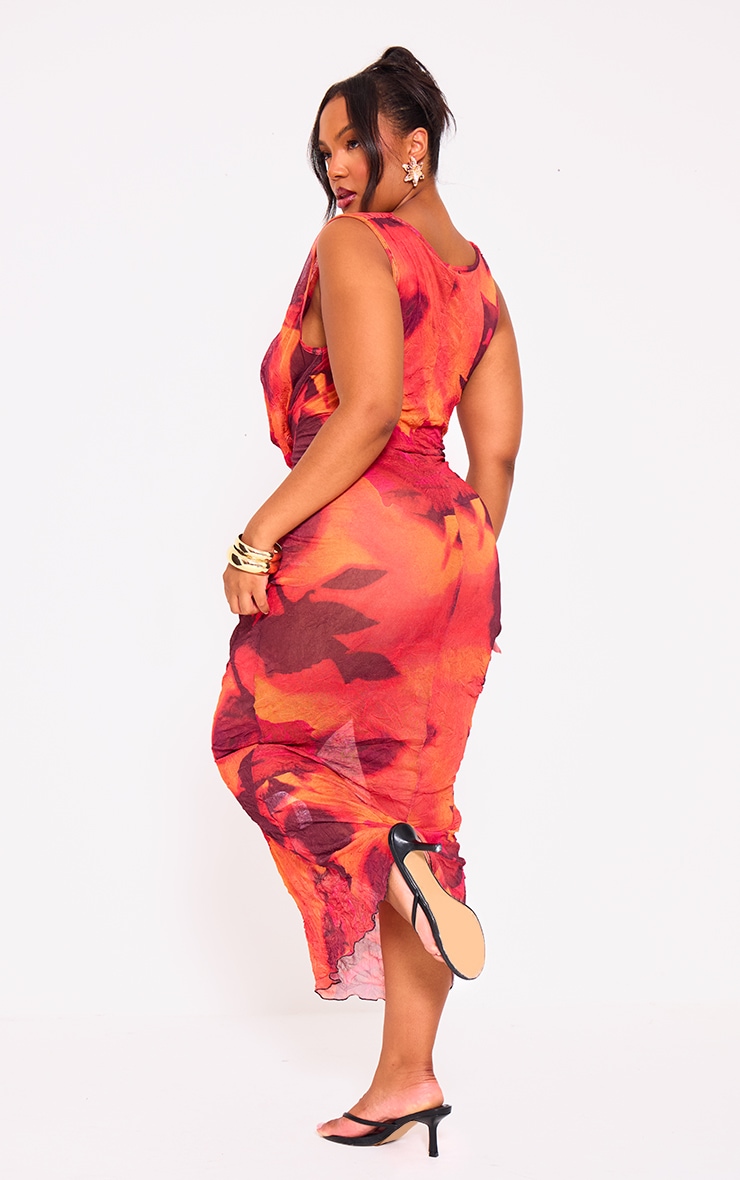 Plus Blood Orange Printed Crinkle Mesh Cowl Neck Maxi Dress image 2