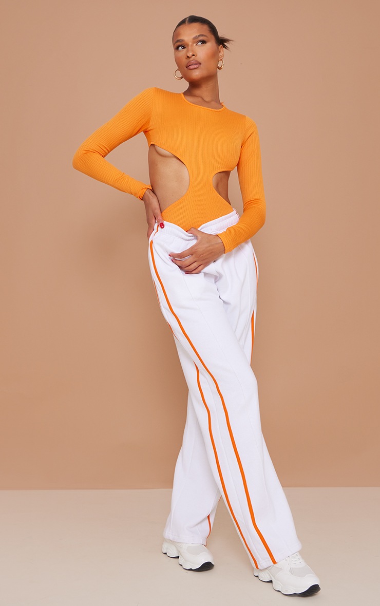 Orange Textured Cut Out Long Sleeve Bodysuit image 3