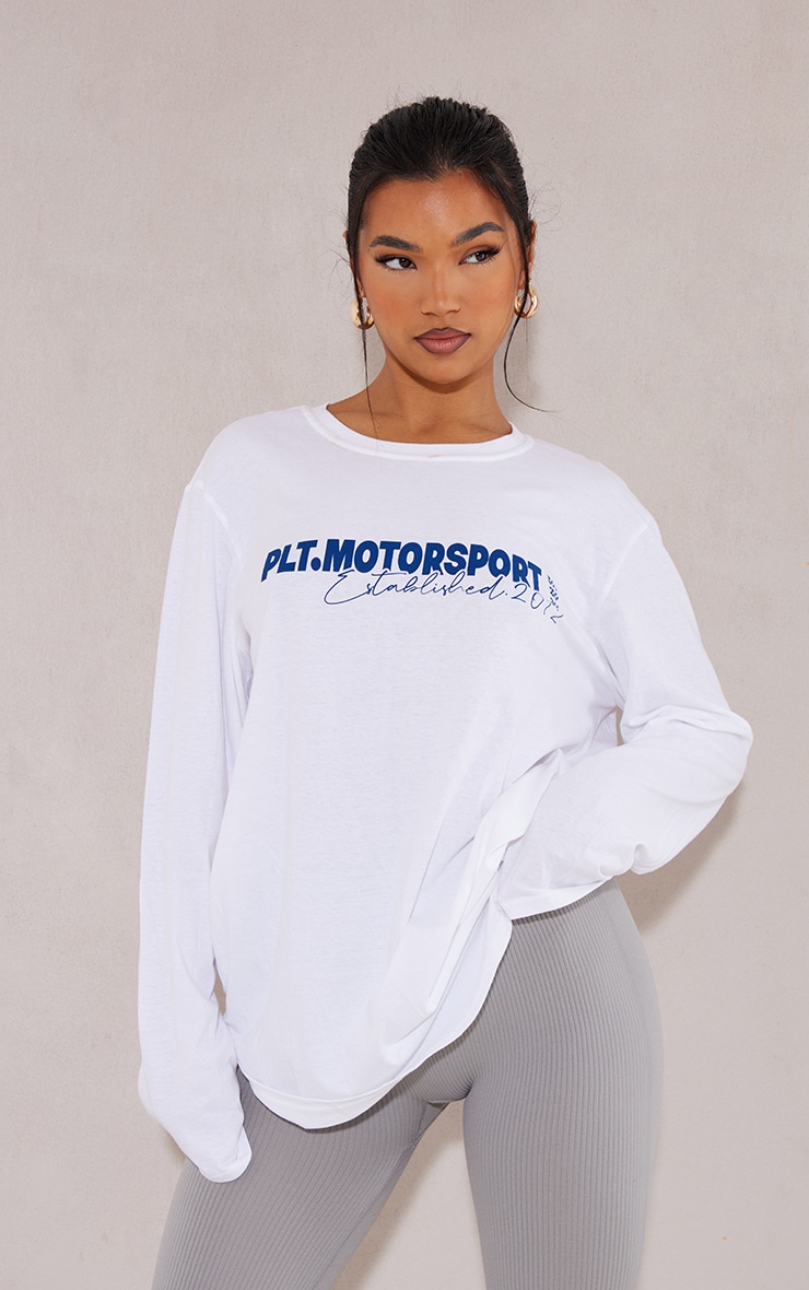 PRETTYLITTLETHING White Motorcross Long Sleeve Oversized T Shirt image 1