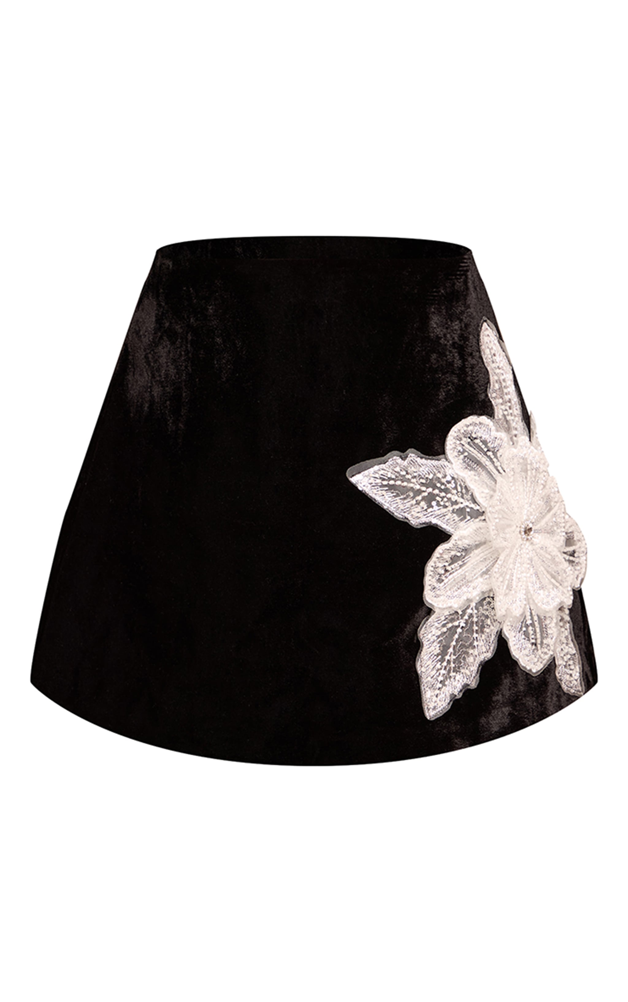 Black Velvet Floral Applique Embellished A-Line Skirt | Bottoms