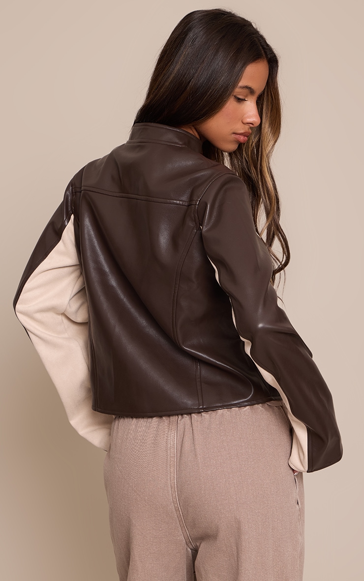 Petite Chocolate Faux Leather Panelled Fitted Jacket image 2