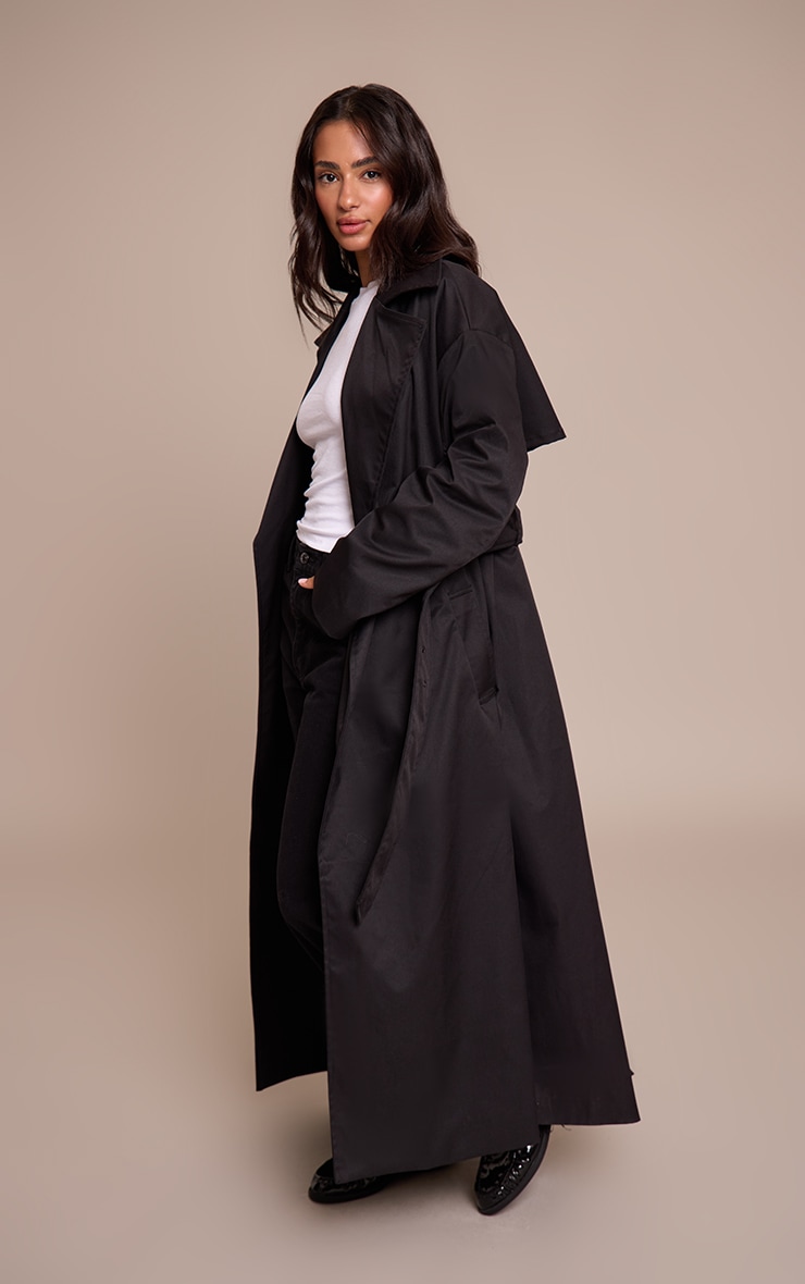 Petite Black Tie Waist Trench Coat image 3