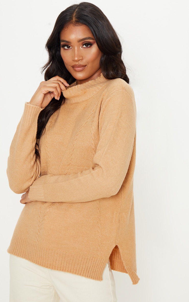 Camel High Neck Fluffy Knit Twist Detail Sweater