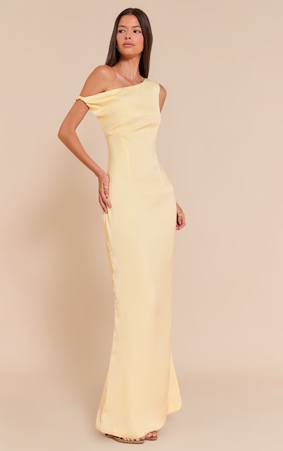 Lemon Satin Asymmetric Bardot Twist Maxi Dress