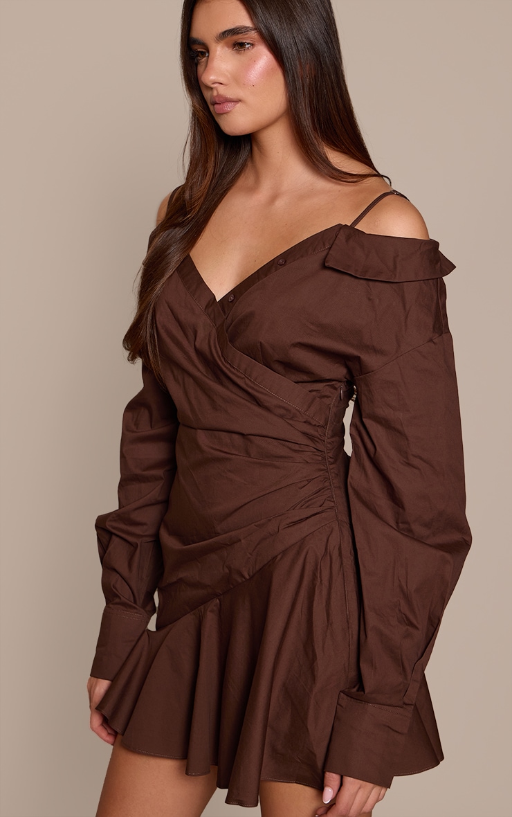 Chocolate Off The Shoulder Asymmetric Shirt Dress image 4