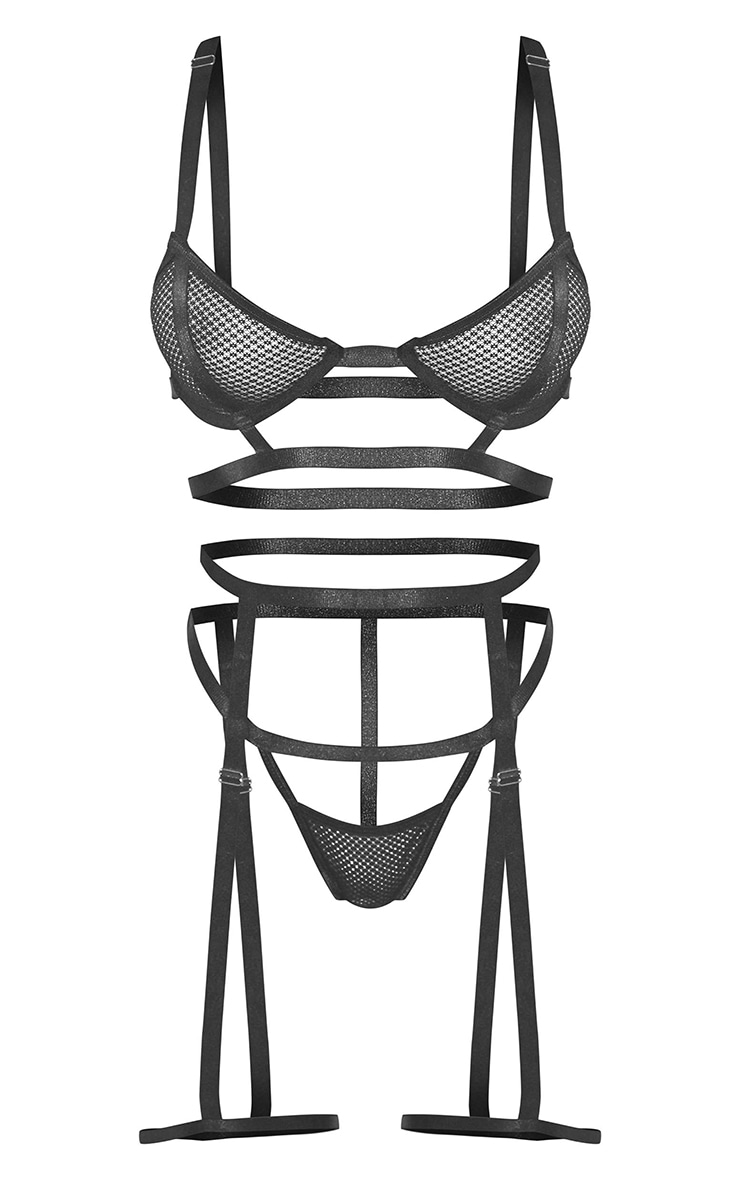 Black Fishnet Harness Detail 3 Piece Lingerie Set image 5