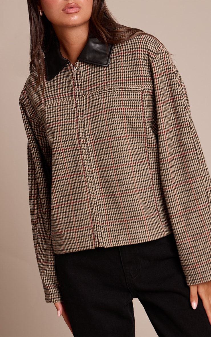 Brown Checked PU Collar Zip Up Jacket image 4