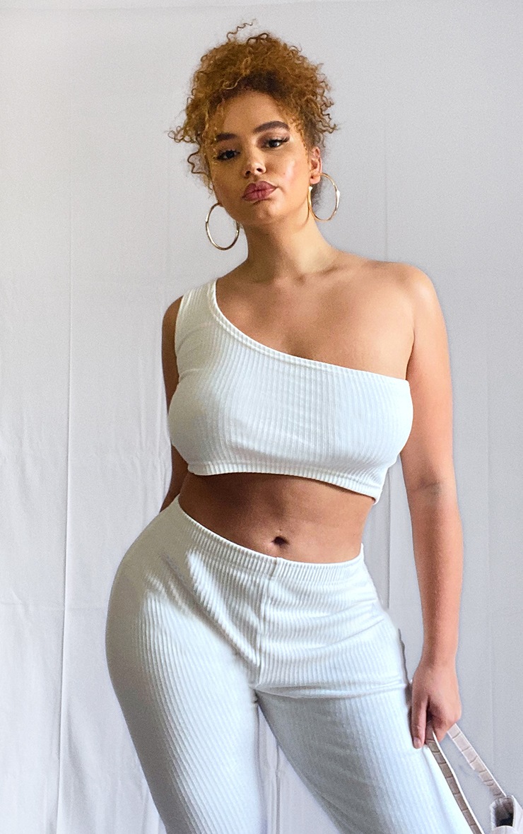 Plus Cream Thick Rib One Shoulder Crop Top