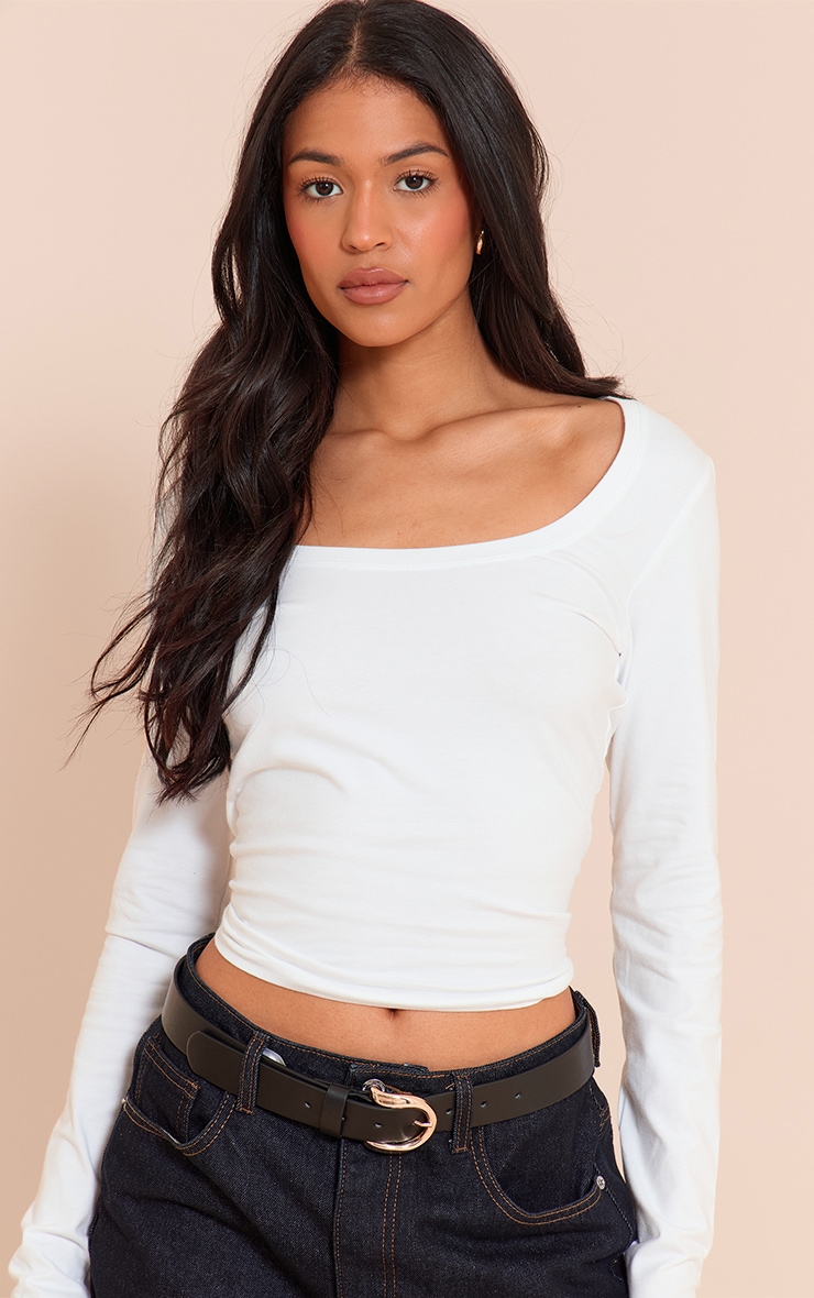 Tall White Soft Cotton Crew Neck Long Sleeve Fitted Top image 4
