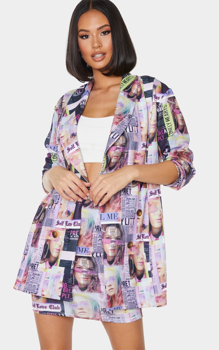 Multi Magazine Printed Oversized Button Detail Blazer