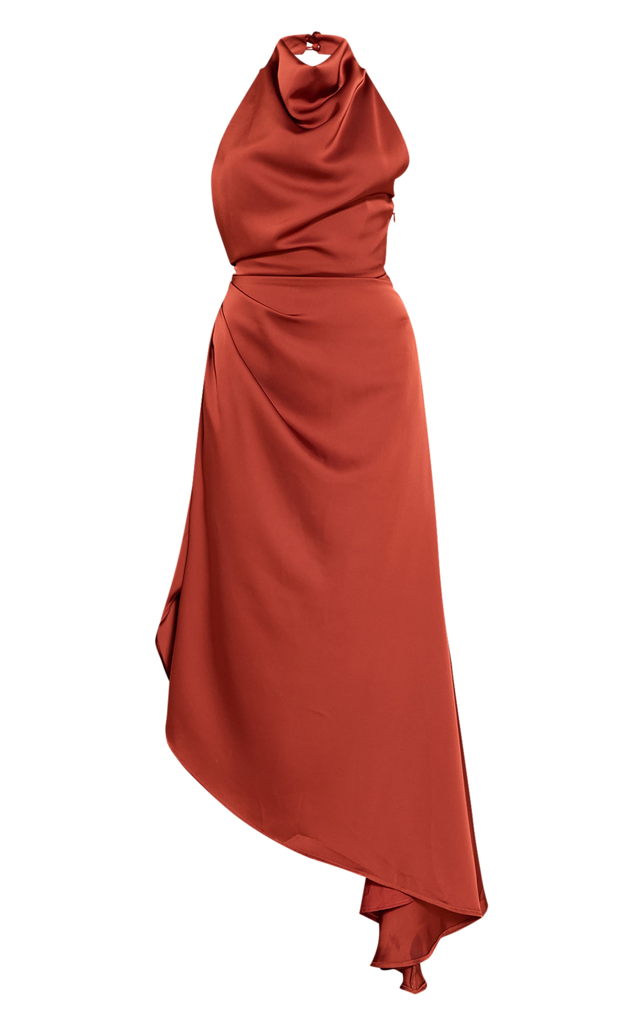 Rust Satin Cowl Neck Asymmetric Shift Dress image 5