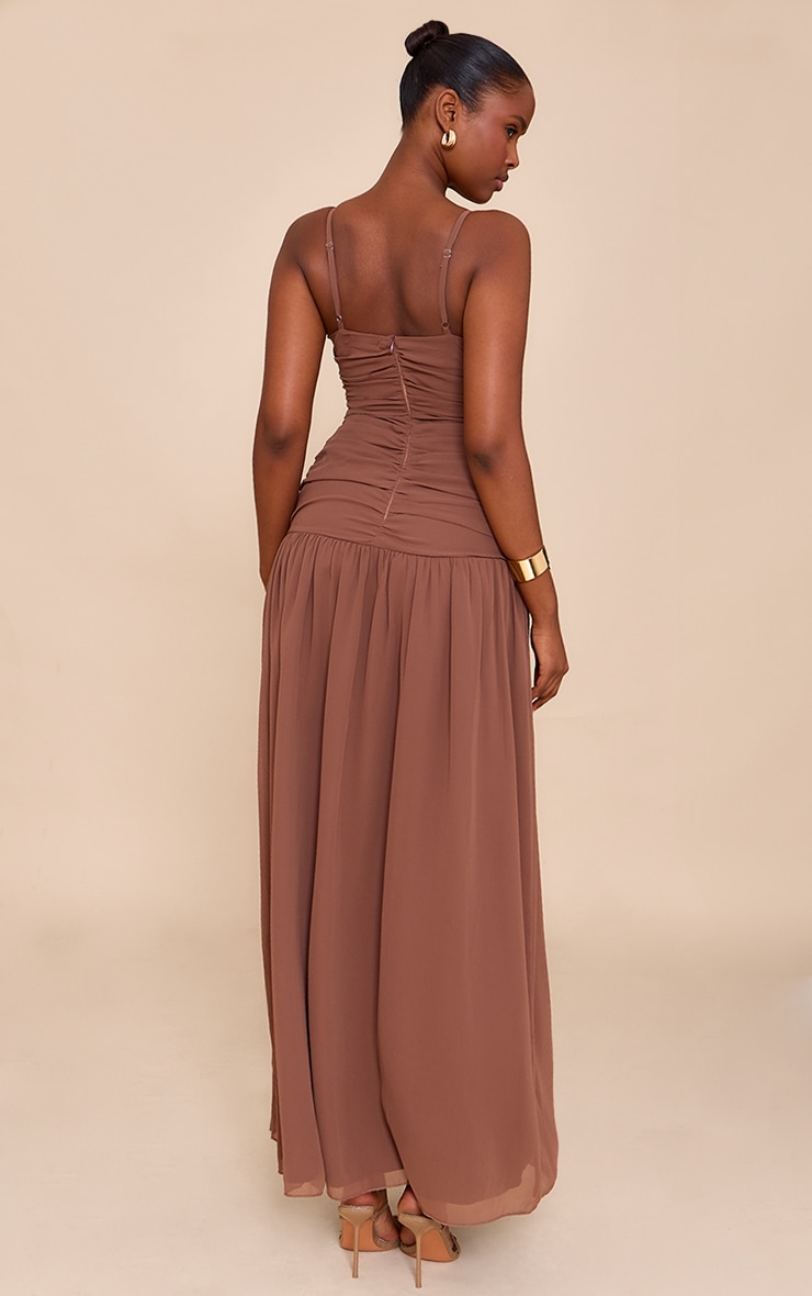 Chocolate Chiffon Ruched Dropped Waist Maxi Dress image 2