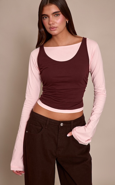 Chocolate Cotton Overlay Detail Long Sleeve Top