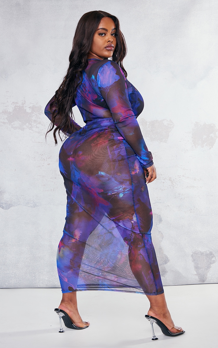 Plus Purple Printed Mesh Longsleeve Maxi Dress | Plus Size