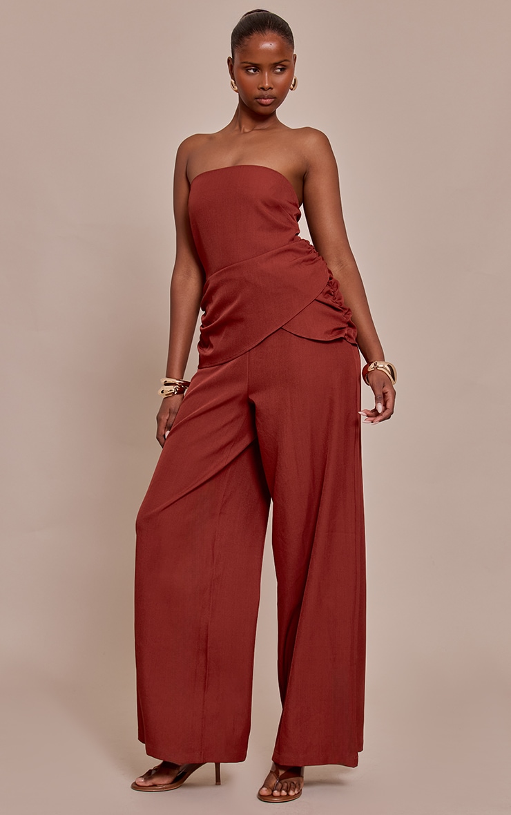 Burnt Orange Woven Bandeau Draped Wide Leg Jumpsuit image 3