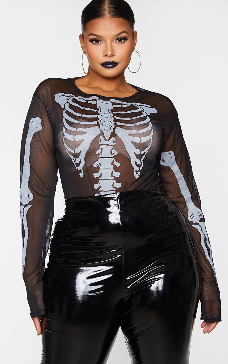 Plus Black Skeleton Print Sheer Mesh Bodysuit