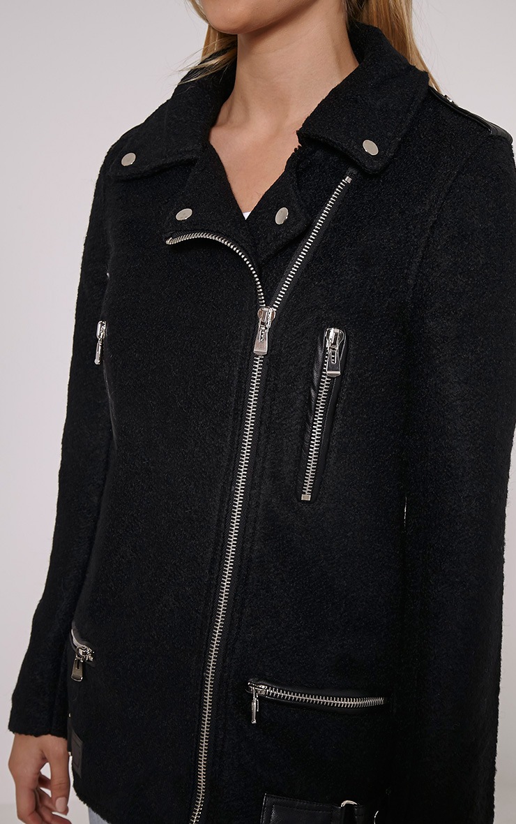 Keeva Black Faux Wool Biker Style Jacket PrettyLittleThing
