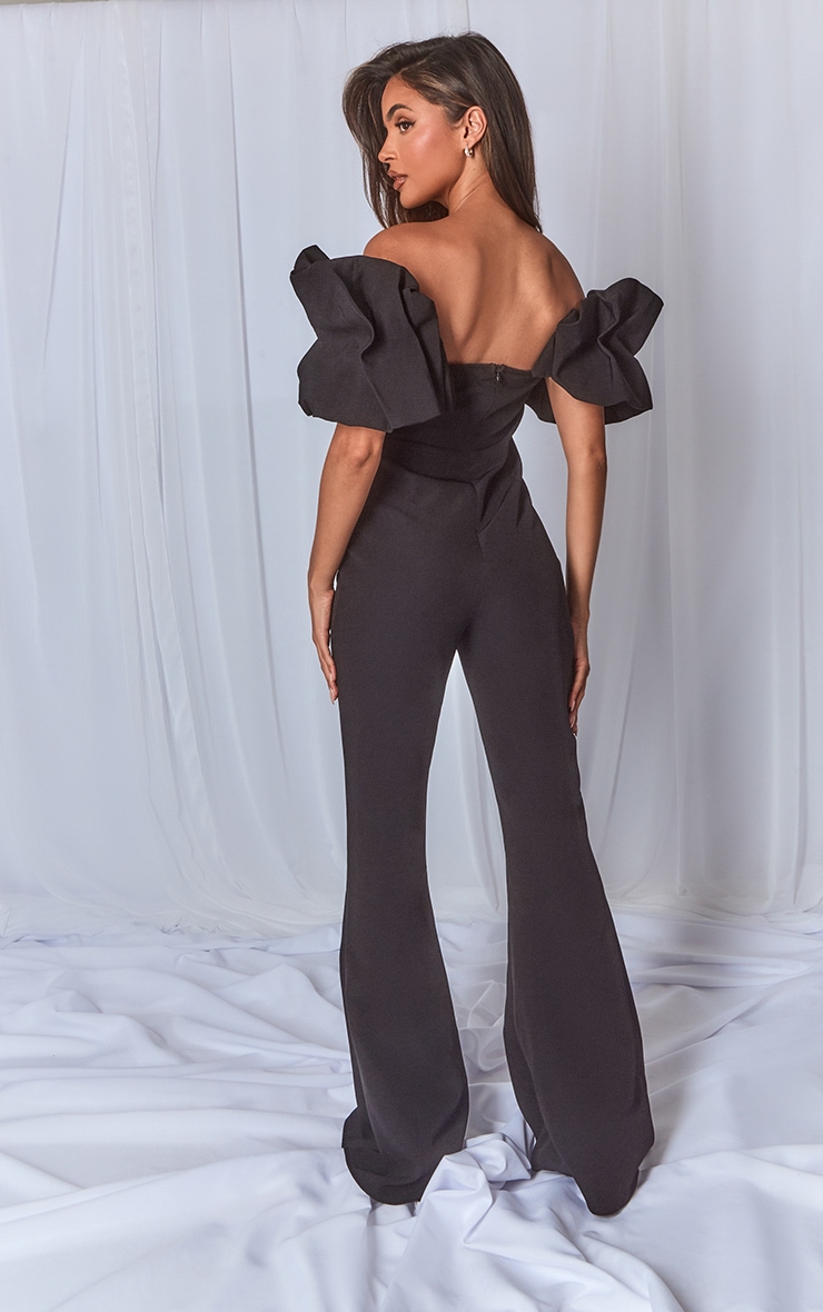 Black Woven Pleated Corset Detail Bardot Frill Jumpsuit. image 2