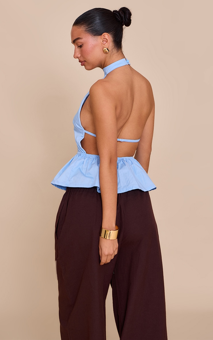 Blue Cotton Highneck Backless Long Top image 2
