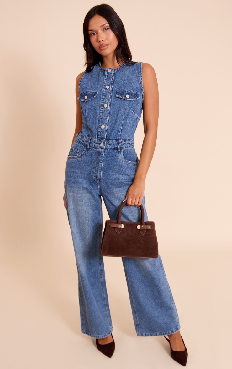 Mid Blue Wash Sleeveless Shirt Style Denim Jumpsuit image 3