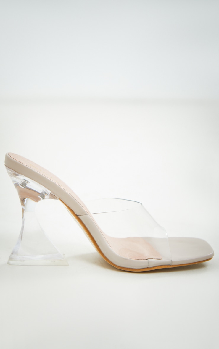 Nude Square Toe Strap Clear Flare Mid Heeled Mules Footwear
