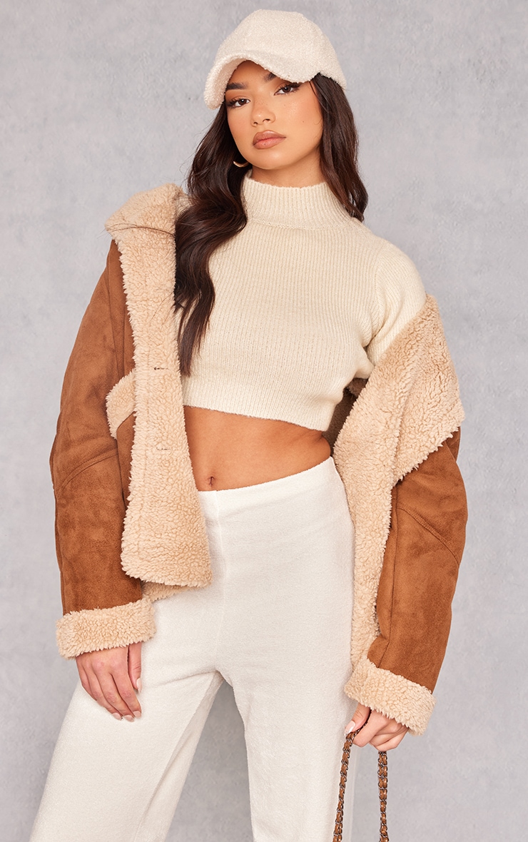 Cream Rib Knit Open Back Cropped Sweater image 2