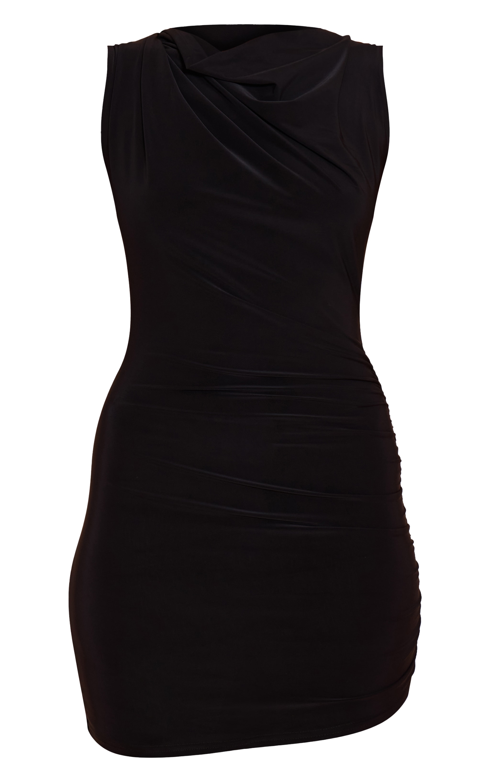 Black Slinky Ruched Shoulder Racer Neck Bodycon Dress image 5