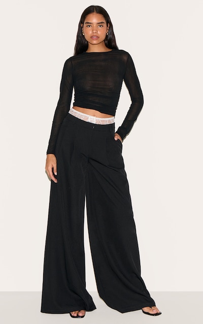 Tall Black Lace Detail Tailored Wide Leg Pants