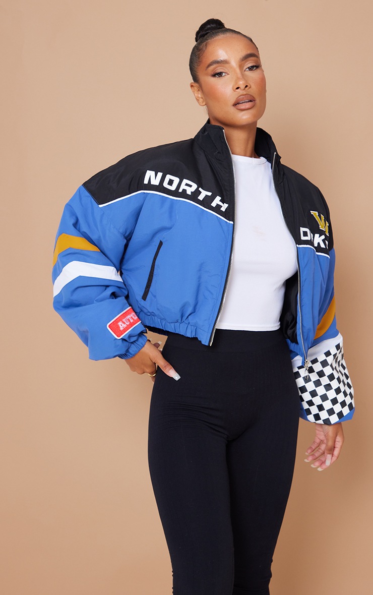 Blue Cropped Oversized Graphic Zipped Racer Bomber image 1