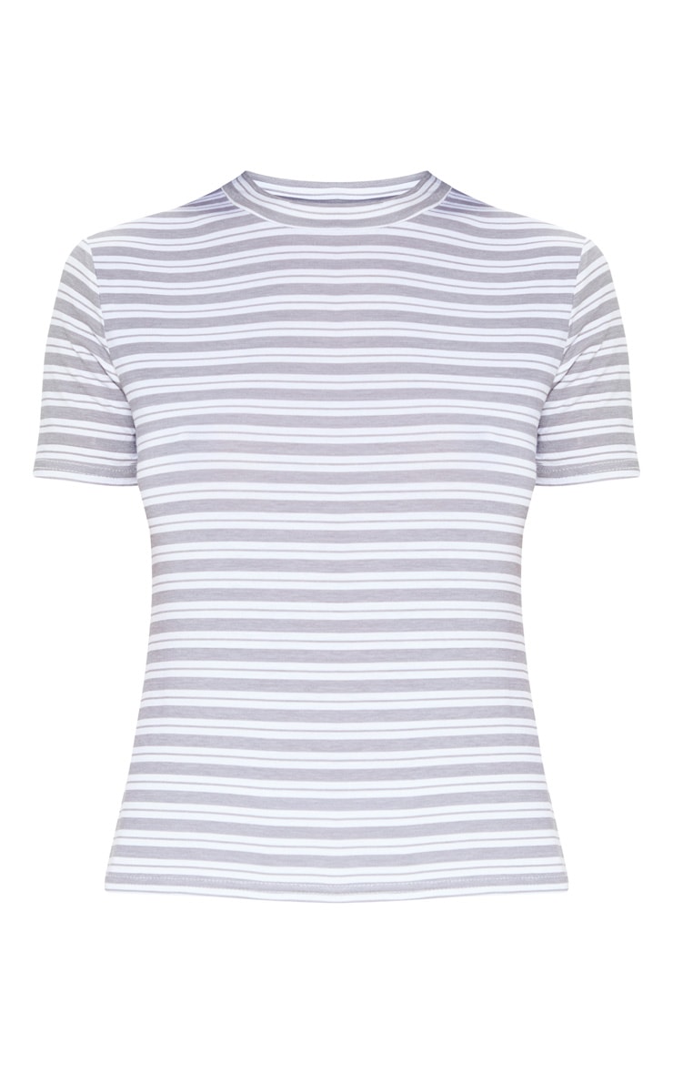 Grey Stripe Printed Short Sleeve Fitted T Shirt image 3