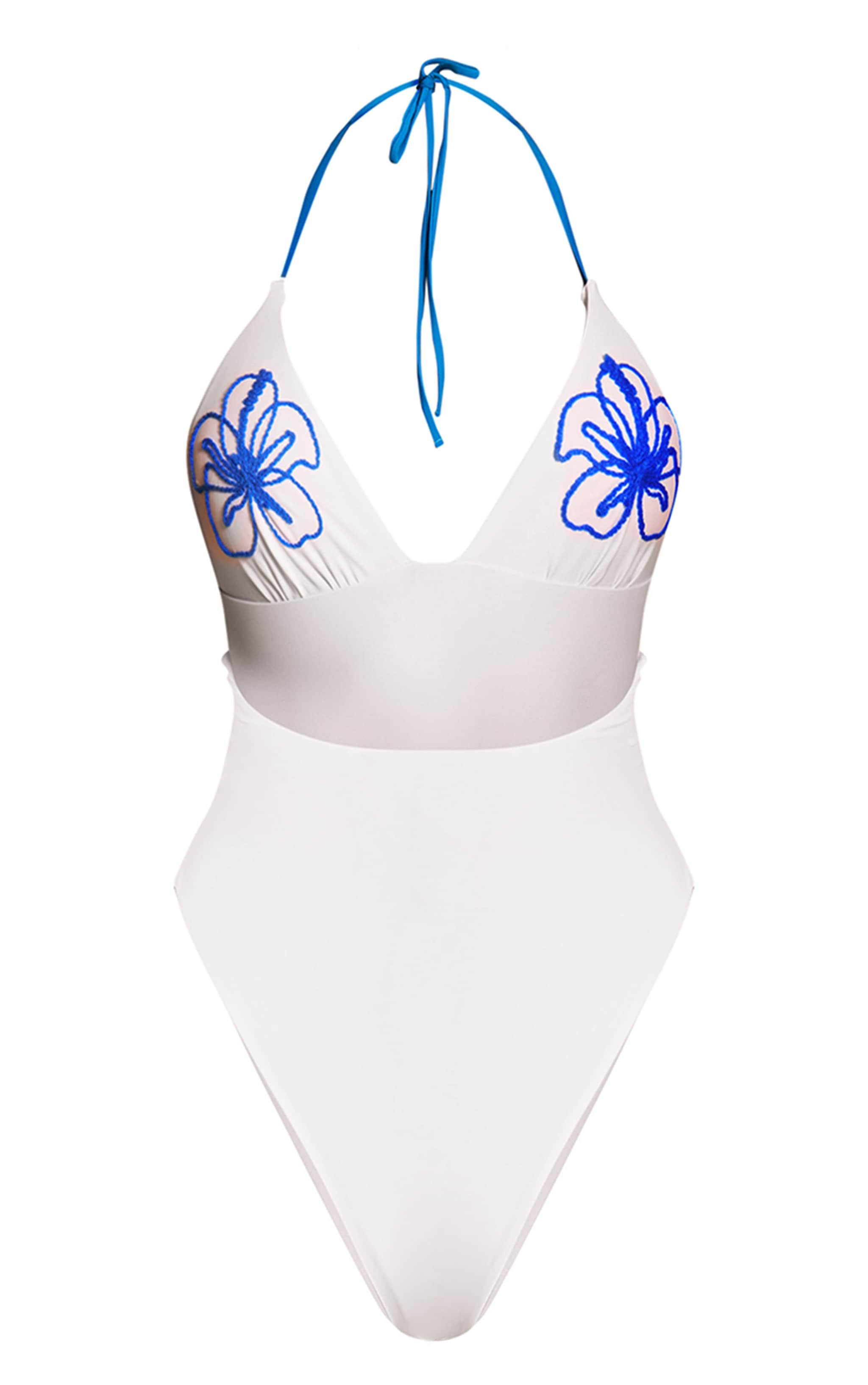 White Contrast Embroidered Plunge Swimsuit image 6