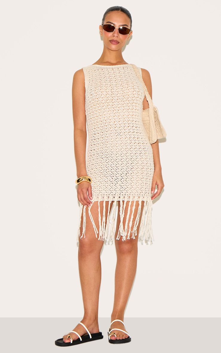 Petite Cream Crochet Boat Neck Tassle Mini Dress image 1